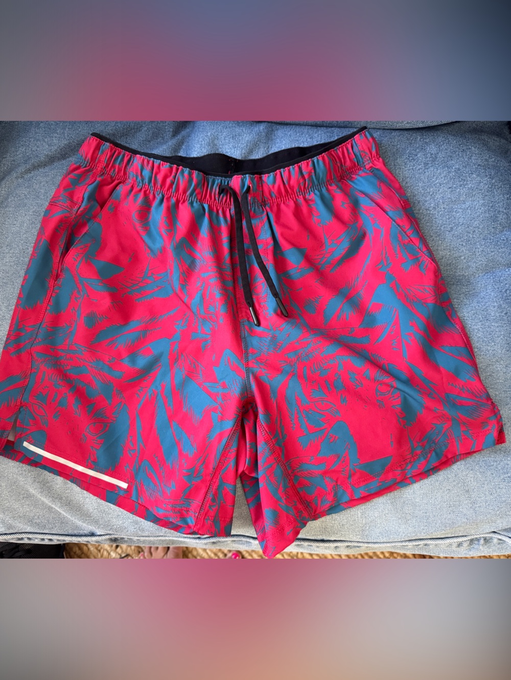 Maamgic Men's Red Athletic Shorts with Teal Abstract Print